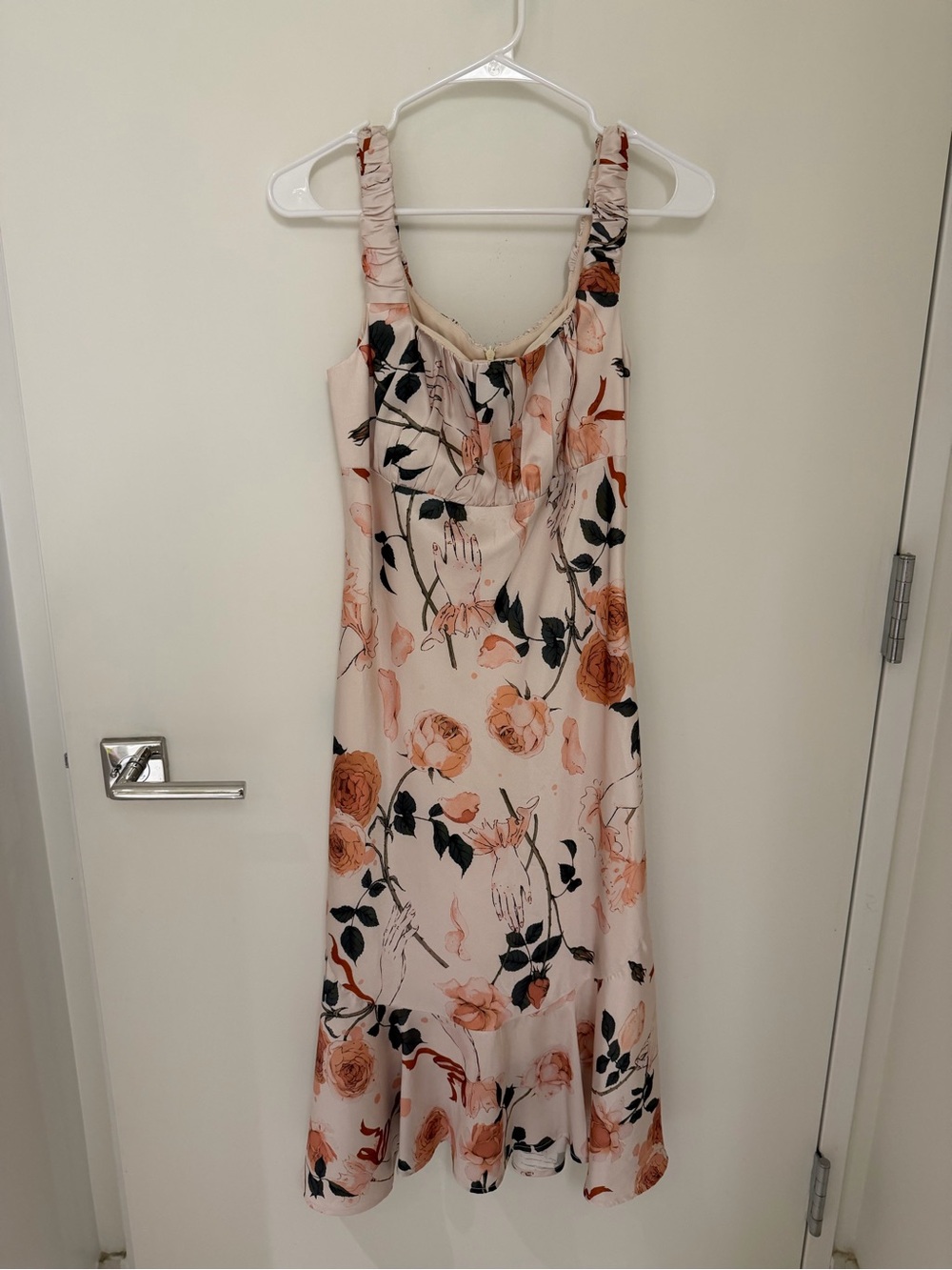 Cream Floral Midi Slip Dress with Peach Rose Print